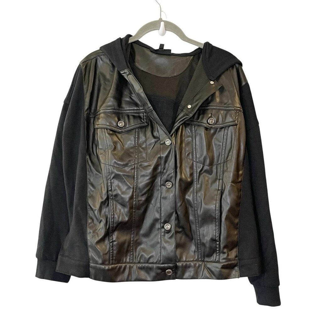 DG2 Diane Gilman Womens Hoodie Jacket Size M Solid Black Faux Leather Sweatshirt